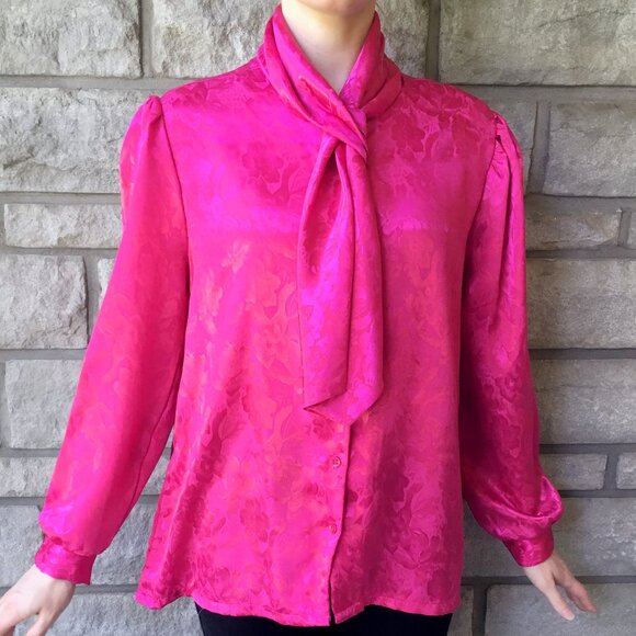Vibrant Hot Pink Vintage 80s Secretary Button Up Blouse - Picture 2 of 6